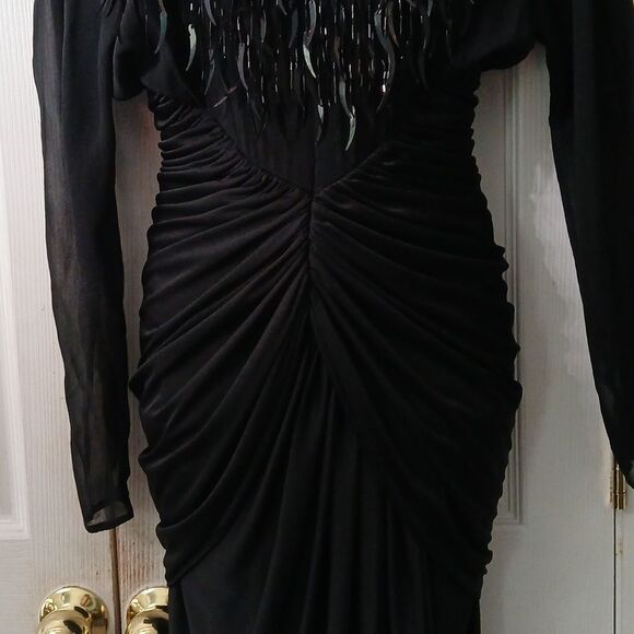 Cache Vintage black sequin embellished ruched dress Sz 10 EUC Made in USA - Picture 3 of 10